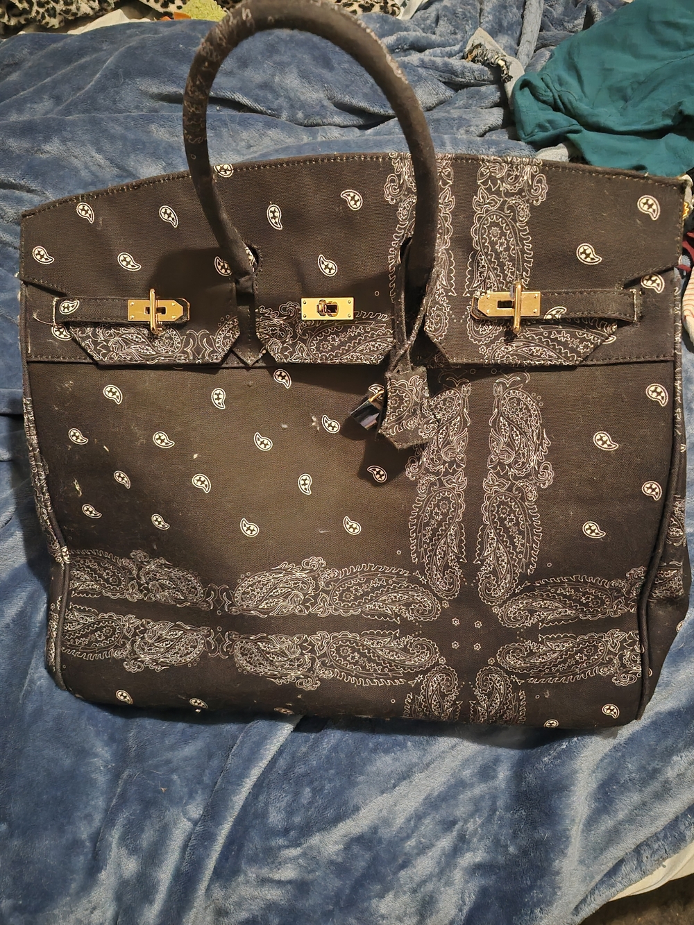 Elegant Black Paisley Satchel with Gold-Tone Hardware